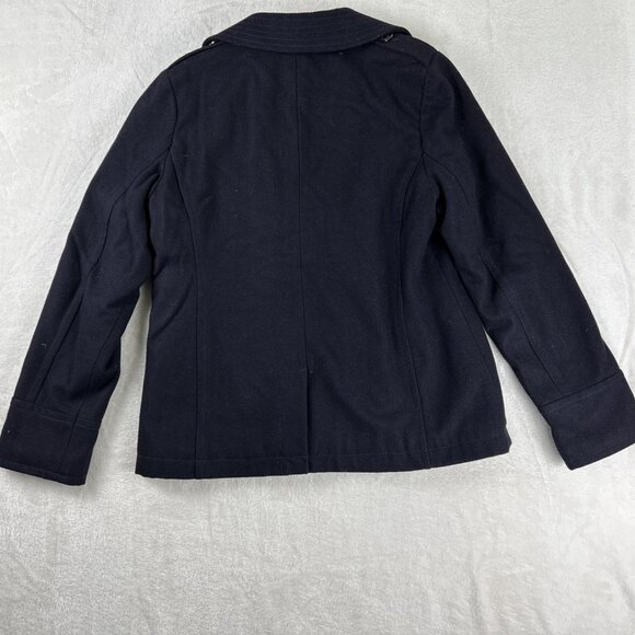 American Eagle Double Breasted Pea Coat Navy Blue Womens Size Large Plaid Liner - Picture 2 of 8